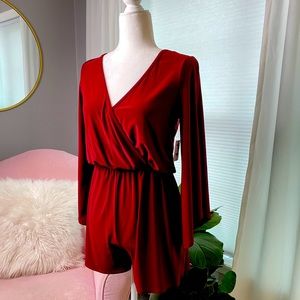 Red, Cold Shoulder, Flair Sleeve, Shorts Romper